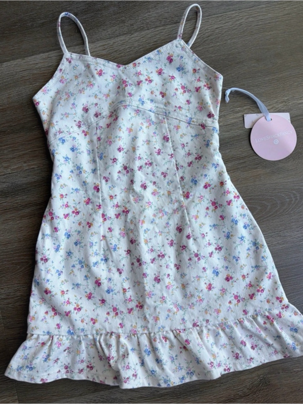LoveShackFancy Cream Floral Spaghetti-Strap Dress with Ruffle Hem